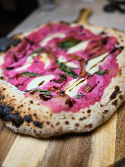 Creamy beet and basil pizza